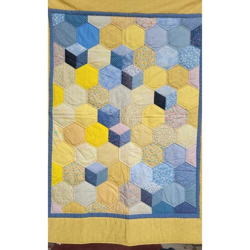 Vintage‎ Baby Crib Quilt 40x56 Yellow Blue Patchwork Tumbling Blocks